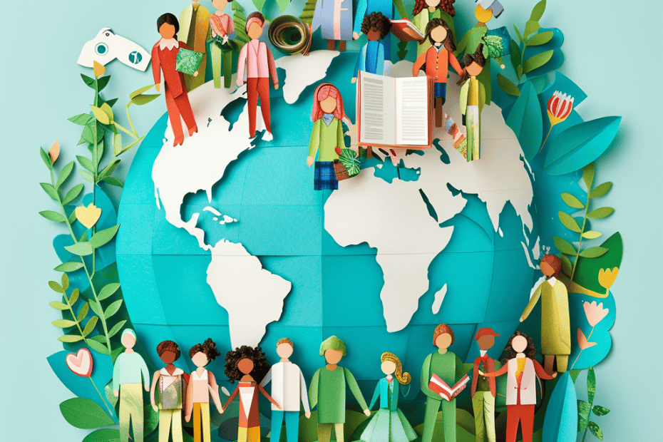 Een kleurrijke illustratie toont diverse uit papier geknipte figuren die hand in hand rond een wereldbol staan en de eenheid en de mondiale gemeenschap symboliseren. Kinderen en volwassenen zijn betrokken bij verschillende activiteiten, zoals het begrijpen en lezen van tekst, omgeven door weelderig groen, bloemen en boeken, wat staat voor kennis en groei.