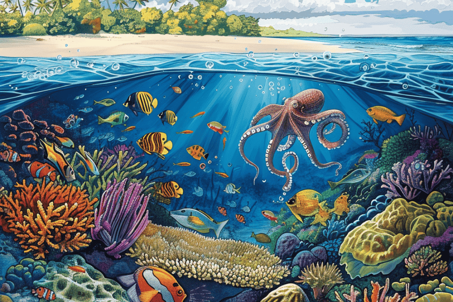 Een levendig onderwatertafereel met een verscheidenheid aan kleurrijke vissen, koralen en een octopus ontmoet het serene strand erboven. Palmbomen zwaaien onder een gedeeltelijk bewolkte hemel en vangen de essentie van Zee en Strand. De afbeelding illustreert het contrast tussen de vredige kust en het bruisende onderwaterleven eronder.