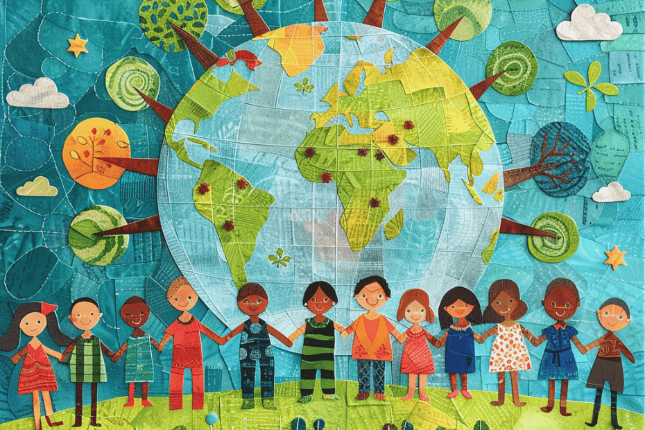 Illustratie van kinderen met verschillende achtergronden die elkaars hand vasthouden over de hele aarde, symbool voor eenheid en harmonie voor Wereldbevolkingsdag. De aarde is afgebeeld met bomen en bladeren die zich uitstrekken, terwijl de kinderen op een grasveld staan. De scène is helder en kleurrijk, perfect voor het begrijpen en lezen van tekstactiviteiten.