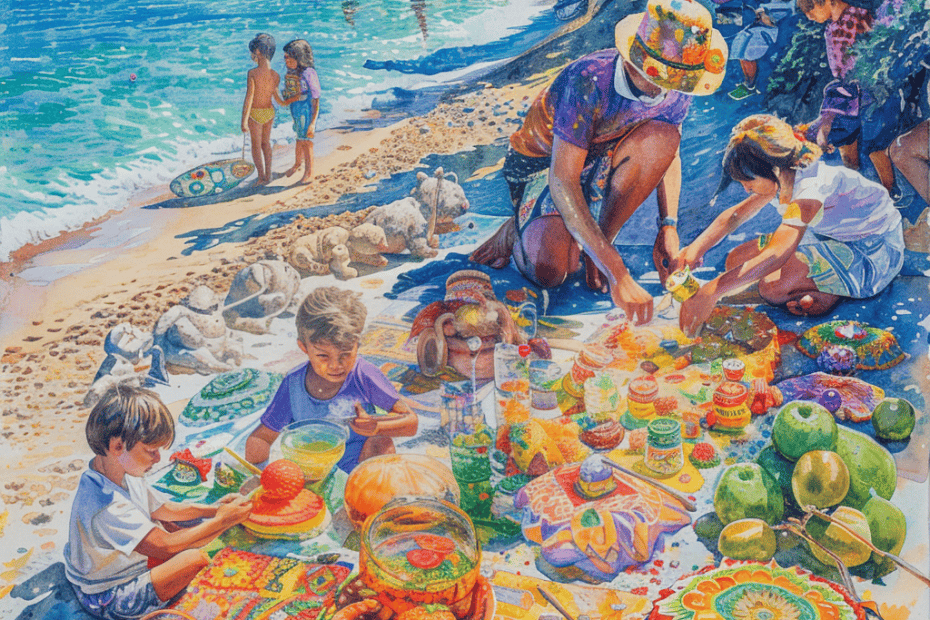 Een kleurrijk strandtafereel toont kinderen en een volwassene die bezig zijn met zandkunst onder een levendige paraplu, wat Zomerse Kunst belichaamt. De kustlijn is bezaaid met levendig geschilderde gerechten en decoraties, terwijl andere strandgangers op de achtergrond graag zwemmen.