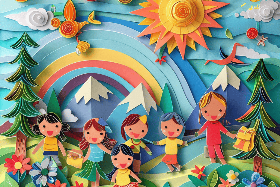 Een levendige, kleurrijke papierknutselscène met kinderen die elkaars hand vasthouden onder een heldere, spiraalvormige zon met een regenboog die over besneeuwde bergtoppen tekent, weelderige bomen en diverse bloemen. Vlinders, vogels en grillige wolken maken het vrolijke landschap compleet. Perfect voor zomervakantie-activiteiten.
