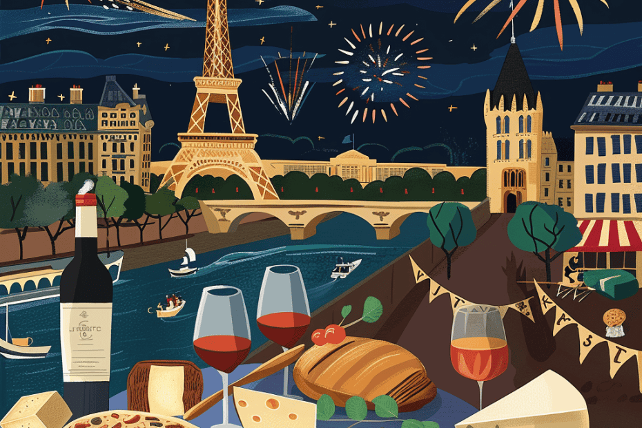 Illustratie van een Parijse picknick met de Eiffeltoren, vuurwerk aan de nachtelijke hemel. Wijn, kaas, brood en fruit op een tafel aan de rivier de Seine. Boten op het water, Parijse gebouwen en cafés creëren een levendige, feestelijke sfeer: een betoverend tafereel dat de Franse cultuur weergeeft.