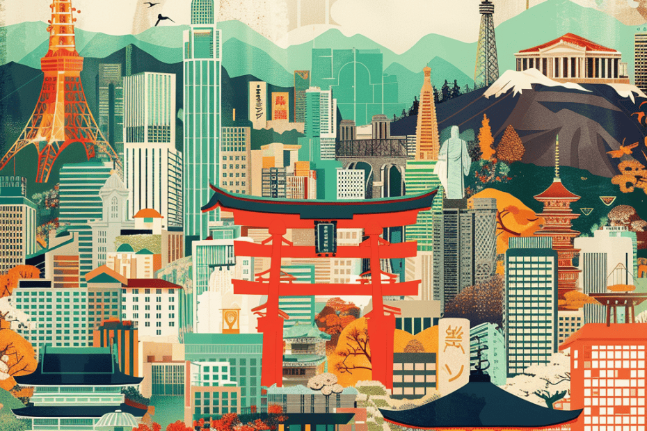 Een levendige illustratie toont een stadsgezicht waarin iconische bezienswaardigheden van over de hele wereld samenkomen, waaronder de Eiffeltoren, het Vrijheidsbeeld en een Japanse toriipoort. Verschillende bouwstijlen en culturele symbolen zijn geïntegreerd in een kleurrijk, harmonieus tafereel dat doet denken aan de teksten van "Steden en Landen".