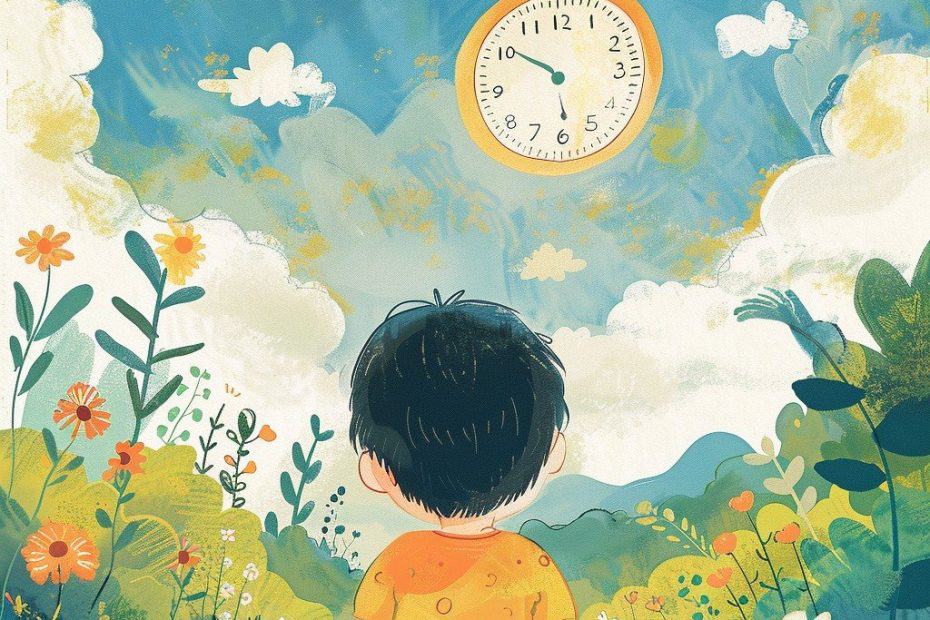 Illustratie van een kind dat in een levendig bloemenveld zit, met het gezicht weg gericht. De lucht is gevuld met donzige wolken en erboven zweeft een grote klok die 10:10 aangeeft. Te midden van dit serene landschap weeft het concept van "Tijd" op rustige wijze een gevoel van kalmte en verwondering in het tafereel.