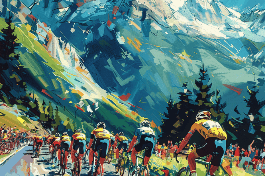 Een abstract schilderij toont een groep wielrenners die door een bergachtig landschap met torenhoge met sneeuw bedekte toppen racet, dat doet denken aan de Tour de France. Toeschouwers staan langs de weg en hoge, groenblijvende bomen staan verspreid over het landschap. De afbeelding maakt gebruik van levendige, dynamische kleuren en penseelstreken.