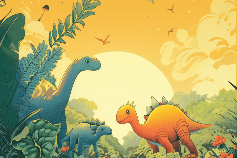 Een levendige illustratie toont drie vriendelijke dinosaurussen in een weelderige, prehistorische jungle. De zon gaat onder op de achtergrond en werpt een oranje gloed door de lucht, terwijl vliegende pterodactylen en diverse tropische planten het levendige tafereel compleet maken.