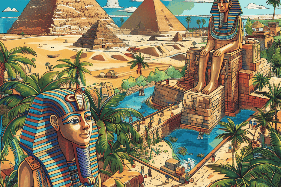 Een levendige illustratie van het oude Egypte bevat majestueuze piramides, torenhoge beelden van farao's en weelderige palmbomen. Het tafereel bruist van de mensen die lopen en de grootse architectuur observeren onder een helderblauwe lucht met verspreide wolken, wat het opmerkelijke weer en klimaat van de regio laat zien.