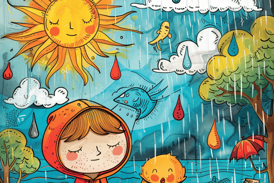 Een speelse illustratie toont een jongeman met een rode kap die in een kleurrijke, regenachtige omgeving staat. De zon lacht aan de hemel, omringd door schattige regenwolken, vissen die in de lucht zwemmen en geanimeerde regendruppels die in wisselwerking staan met verschillende vrolijke wezens, waardoor Weer en Klimaat perfect wordt vastgelegd.